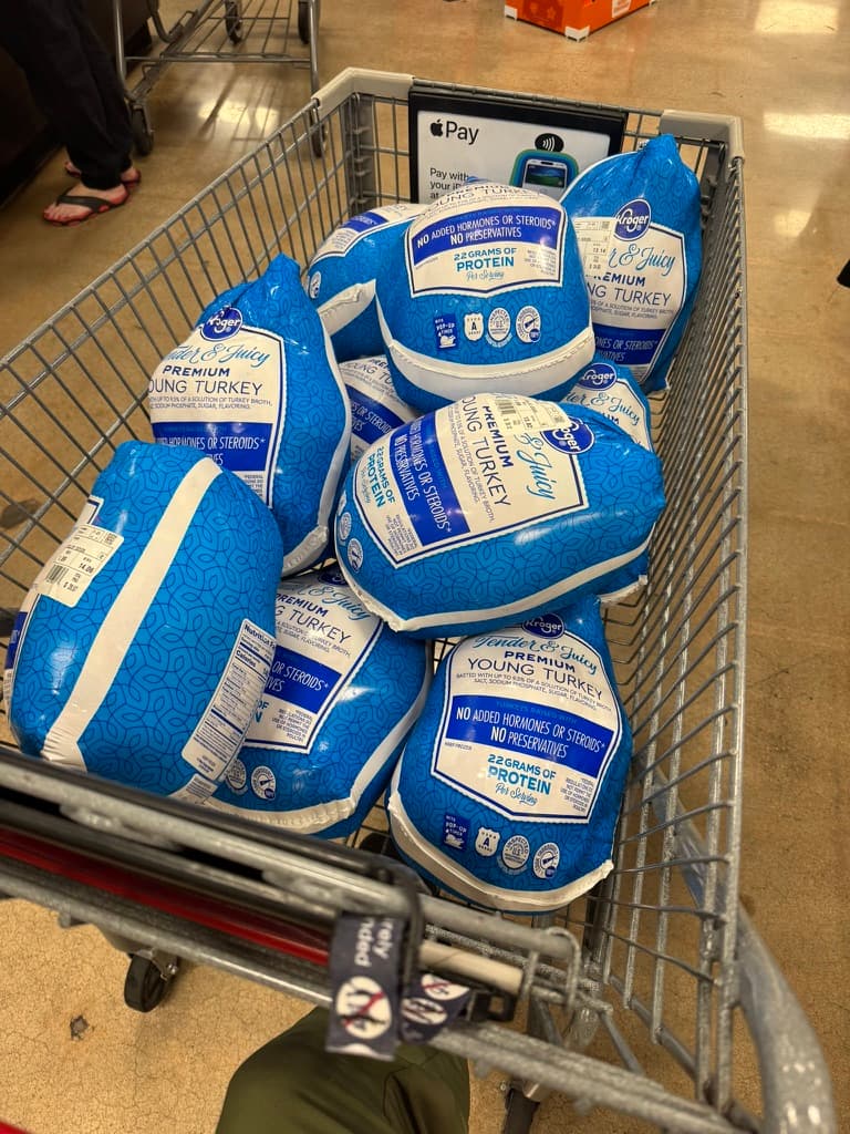 Cart with Thanksgiving turkeys for community distribution